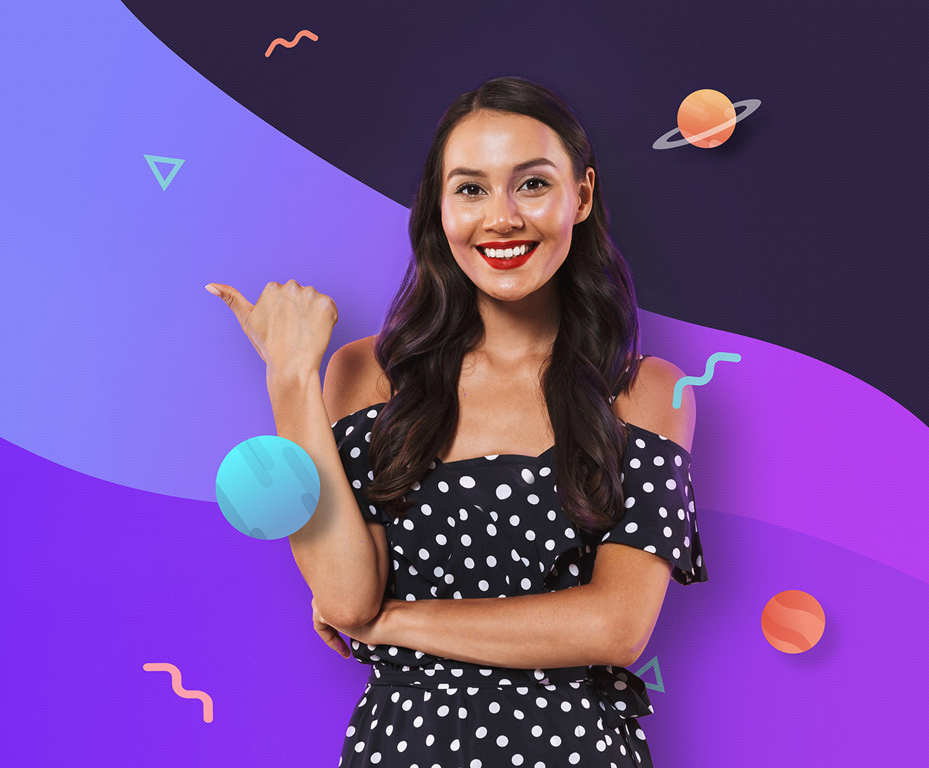 Smiling individual with her thumb pointing left surrounded by planets
