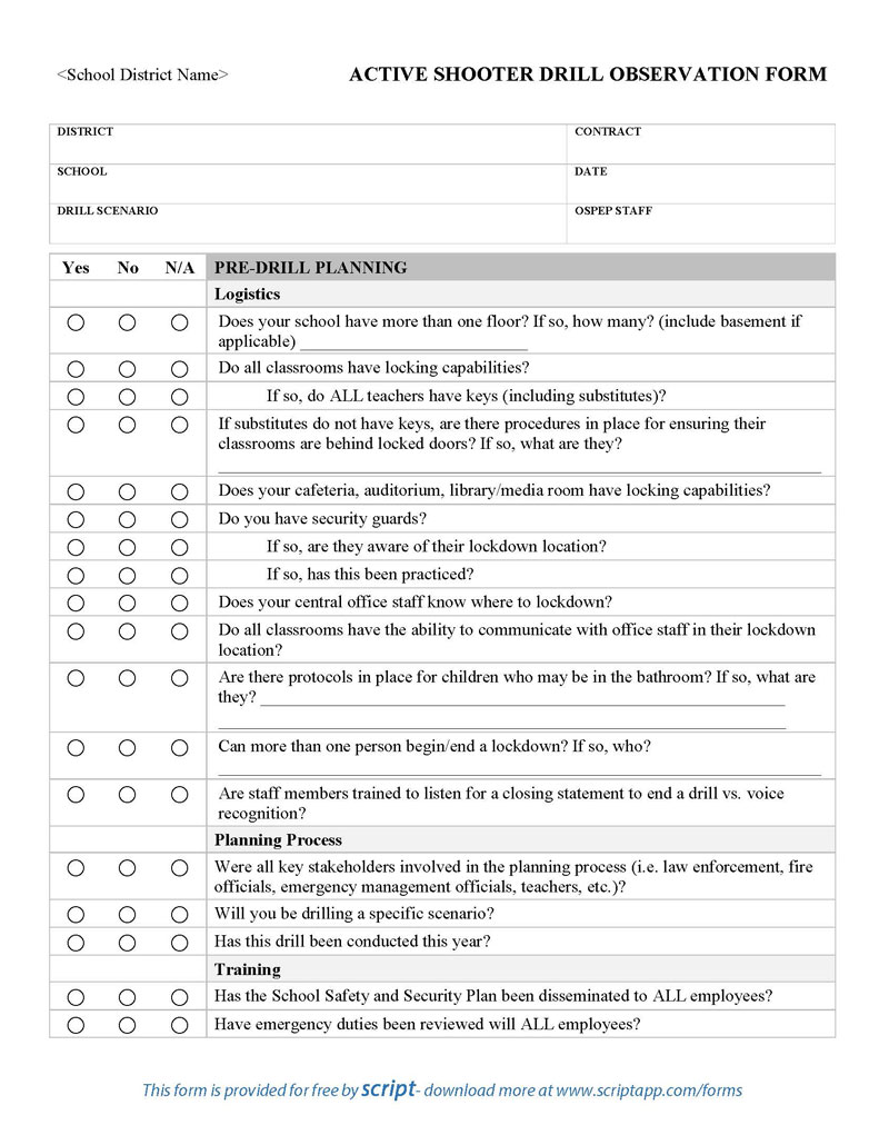 Active Shooter Drill Observation Form Script